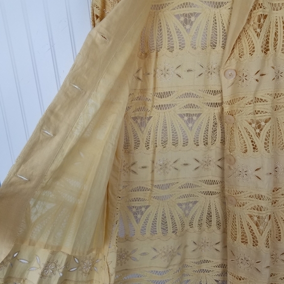 JSong Linen Eyelet Blazer Jacket Lace Button Long Yellow Size 10 Artsy Coastal - Picture 3 of 6